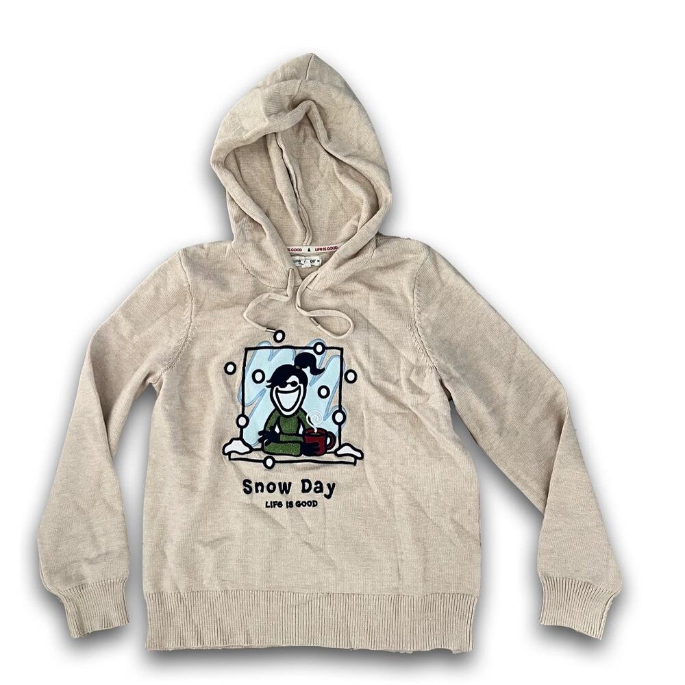 Life Is Good S Women's Embroidered 'Snow Day' Beige Pullover Sweatshirt Hoodie